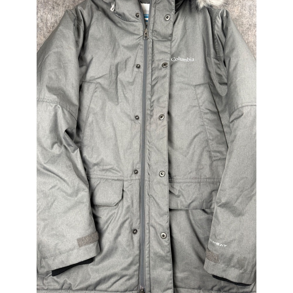 Columbia Parka Jacket Mens Large Grey Omni-Heat Faux Fur Hood Winter Coat Puffer